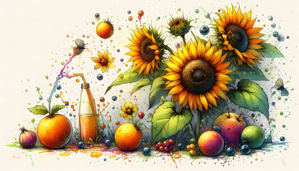sunflowers in sun Original watercolor painting of sunflower flowers, beautiful sunflowers flowers on canvas. Modern Impressionism. Impasto artwork. A bright artistic illustration with sunflowers