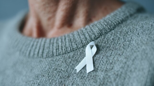 Woman displays white ribbon on sweater as a symbol of support during awareness campaign. World Lung Cancer Day