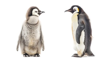 Obraz premium Two emperor penguin chicks facing each other against a white background.