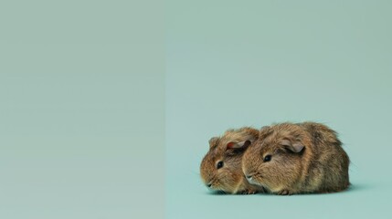 Two guinea pigs positioned close together against a light teal background.