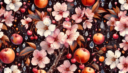 The bright and colorful pattern with apples of different colors on a dark background is suitable for wallpaper, textiles, packaging and web design.