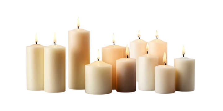 Set of pillar candles with flames illuminated, cut out