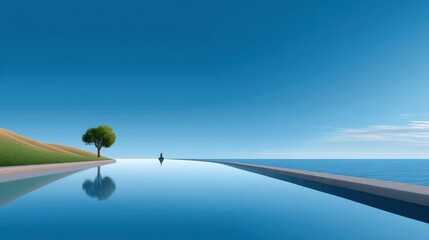 Serene landscape featuring a lone tree and a calm reflective water body.
