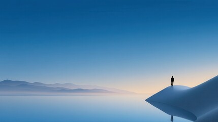 A solitary figure stands on a dune, reflecting in calm waters at dawn.
