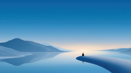 A serene silhouette of a person meditating by a calm lake at dawn.