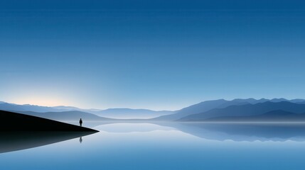 A serene silhouette of a person at dawn by a calm, reflective lake.
