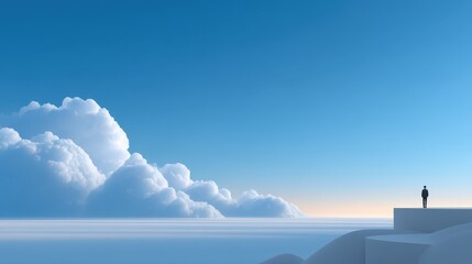 A lone figure stands atop a serene landscape with fluffy clouds and clear blue skies.