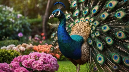 Obraz premium Peacock in a vibrant garden