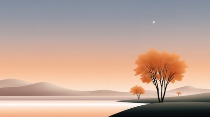 Serene landscape with autumn trees by a calm lake at sunset.