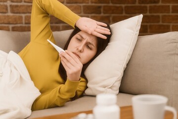 A woman checks her thermometer with concern, worried about her fever while lying on a couch under a blanket