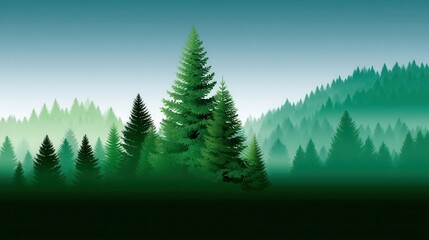 Serene green forest landscape with layered trees and soft mist.