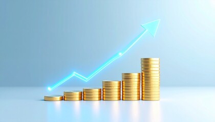 Rising glowing business graph with stacked gold coins concept