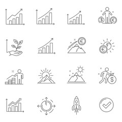 Line icons representing business finance growth investment success progress and positive concepts