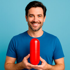 middle aged man smiling with stubble holding red pill