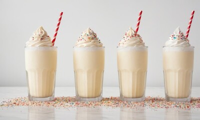 A row of vanilla milkshakes with whipped cream and colorful sprinkles