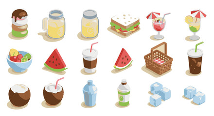 Isometric Icon Set of Summer Refreshments in 3D Perspective