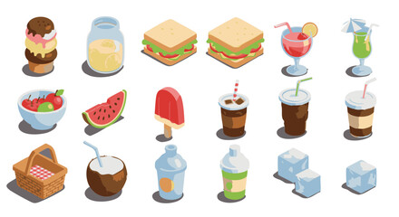 Isometric Icon Set of Summer Refreshments in 3D Perspective
