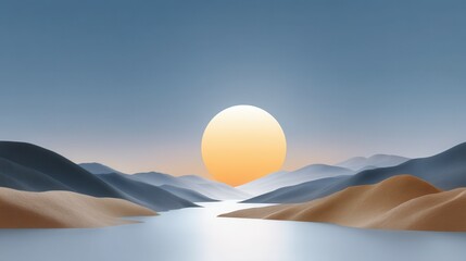 A serene sunset over abstract mountains and a calm river, evoking tranquility.