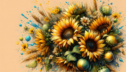 sunflowers in sun Original watercolor painting of sunflower flowers, beautiful sunflowers flowers on canvas. Modern Impressionism. Impasto artwork. A bright artistic illustration with sunflowers