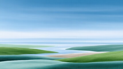 Serene landscape with gentle hills and a calm river under a blue sky.