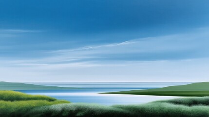 Serene landscape with tranquil water and soft blue skies.