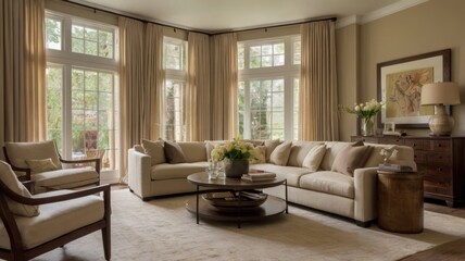Beige living room with large windows