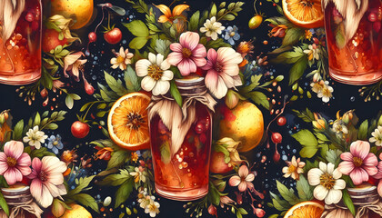 Intricate design with intricate flowers and colorful fruits, pattern, botanical, flowers. Garden print, summer, wildflowers