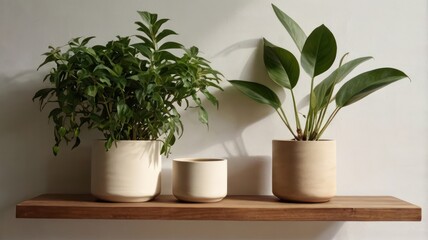 Obraz premium Plants in light beige pots on a shelf