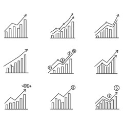 Set of nine linear bar charts with upward trends showcasing growth and financial success business icon elements for design
