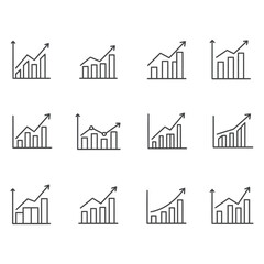 Set of twelve upward trending financial charts business graphs and charts in clean outline style icon design