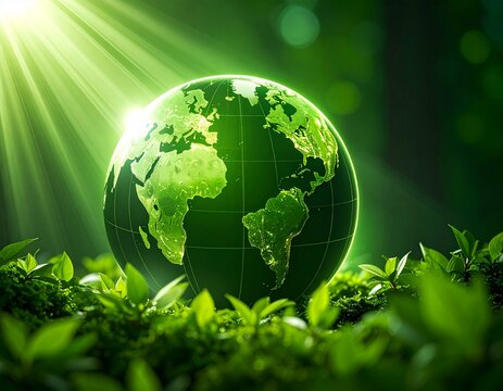 Realistic Earth wrapped in green energy light beams, sustainability concept - Powered by Adobe