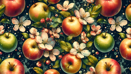 Floral and fruit pattern with apples and blossoms. The bright and colorful pattern with apples of different colors on a dark background is suitable for wallpaper, textiles, packaging and web design.