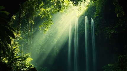 Obraz premium A hidden empty waterfall deep within a rainforest, with mist rising and rays of light breaking through the dense canopy