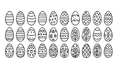 A collection of easter eggs with various patterns and designs arranged in neat rows on a white background