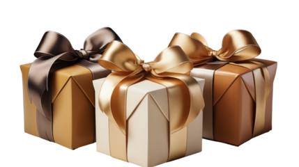 Luxury gift boxes with satin bows, brown-gold-beige packaging, festive holiday presents, elegant studio shot design, isolated on transparent background.