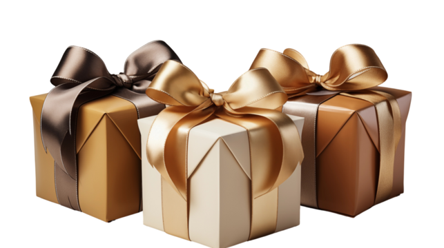 Luxury gift boxes with satin bows, brown-gold-beige packaging, festive holiday presents, elegant studio shot design, isolated on transparent background.