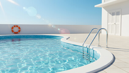Obraz premium Outdoor Minimalist swimming pool with wall-mounted life ring and summer sunshine