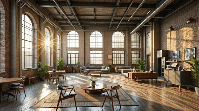 Sunlight floods into a spacious loft with rustic brick, elegant furniture, and towering arched windows&mdash;capturing the harmony of industrial style and warm coziness.

