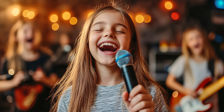 A young girl sings passionately into a microphone with a band playing behind her.
