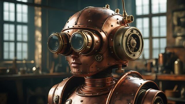 Vintage Copper Steampunk Robot with Goggles Standing Inside Industrial Workshop with Soft Light and Retro Mechanical Details

