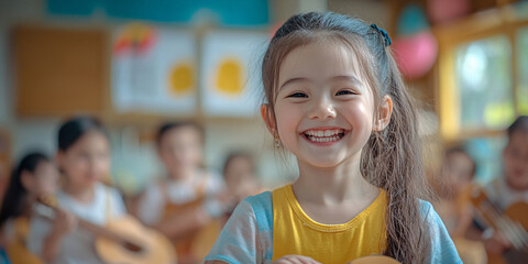 A smiling preschool girl enjoys music class with her classmates.