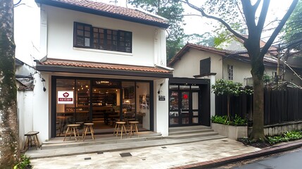 Charming two-story restaurant building with a modern storefront and outdoor seating