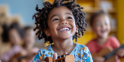 A happy child plays a ukulele, surrounded by other children in a music class.