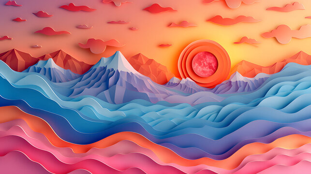 Papercut landscape with mountains, stylized waves, and a layered sun at sunset - Powered by Adobe