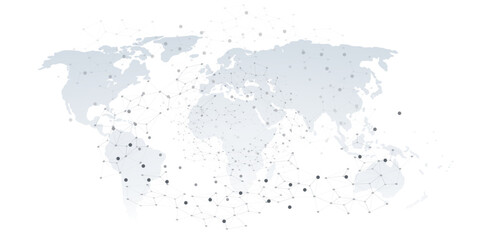 A conceptual vector graphic creative design showing a world map overlaid with a network of interconnected nodes and lines, representing global communication, data flow or digital interconnectedness.