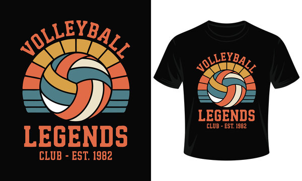 Retro vintage volleyball T-shirt design vector featuring a 70s-style volleyball with sunburst background and worn texture effect