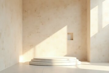 Beige Stone Pedestal with Sunlight Shadows on Minimalist Wall
