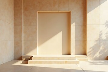 Beige Stone Pedestal with Sunlight Shadows on Minimalist Wall