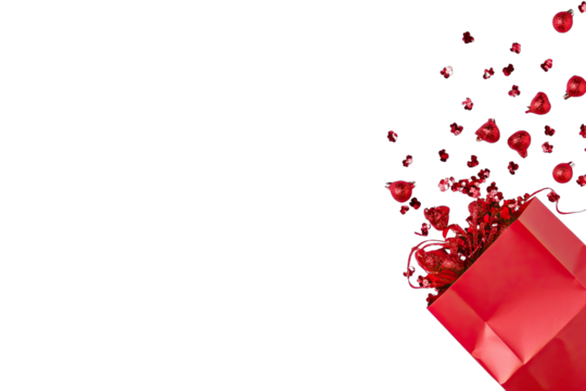 Red gift bag with scattered red objects