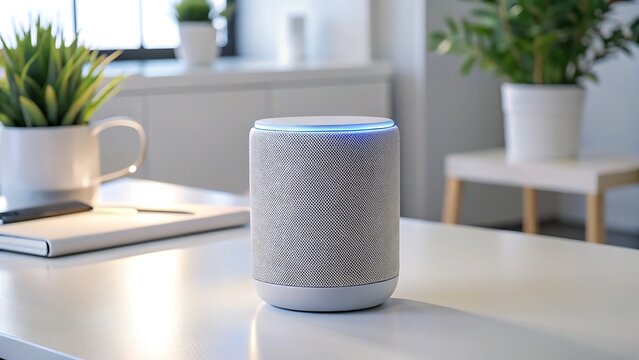 Modern Voice Assistant Speaker on Table in Smart Home Interior with Natural Light and Indoor Plants.